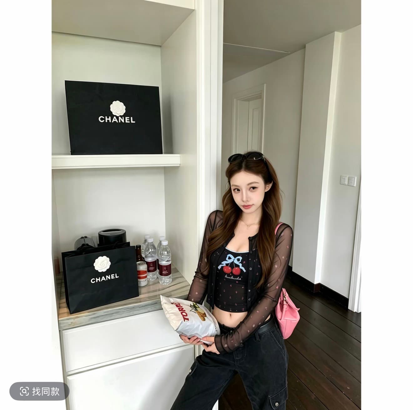 흔들어서 톤 달콤함 소녀 꽃무늬 망사 작은 셔츠 체리 패턴 슬립 투피스 세트 티셔츠 여성 이미지 3