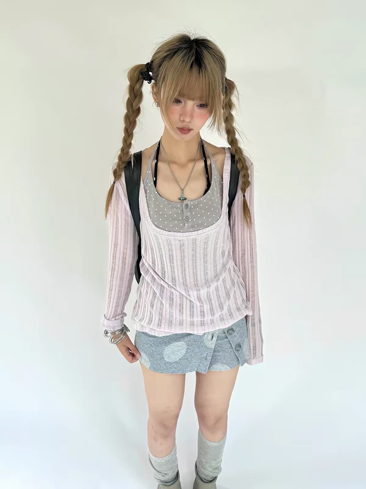 봄날 와일드 too 등나무 페이크 레이어드 긴팔 느긋한 한 부서 캐주얼 긴팔 티셔츠 홀로우 아웃 니트 맨위