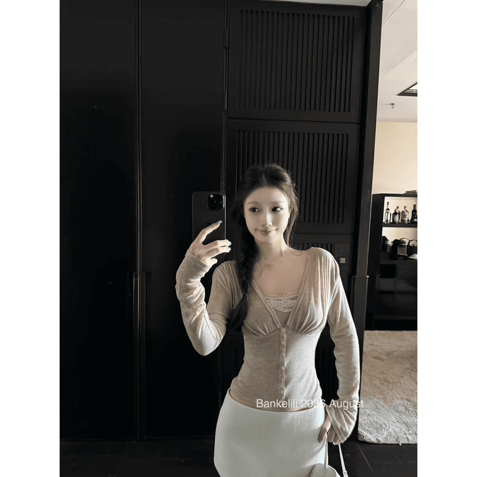 밤나무 코코아 bankelili 순수한 욕망 안개 빛 76 주간 실크 19 양모 V넥 플리츠 오픈 가디건 튜브탑 세트 그룹 이미지 5
