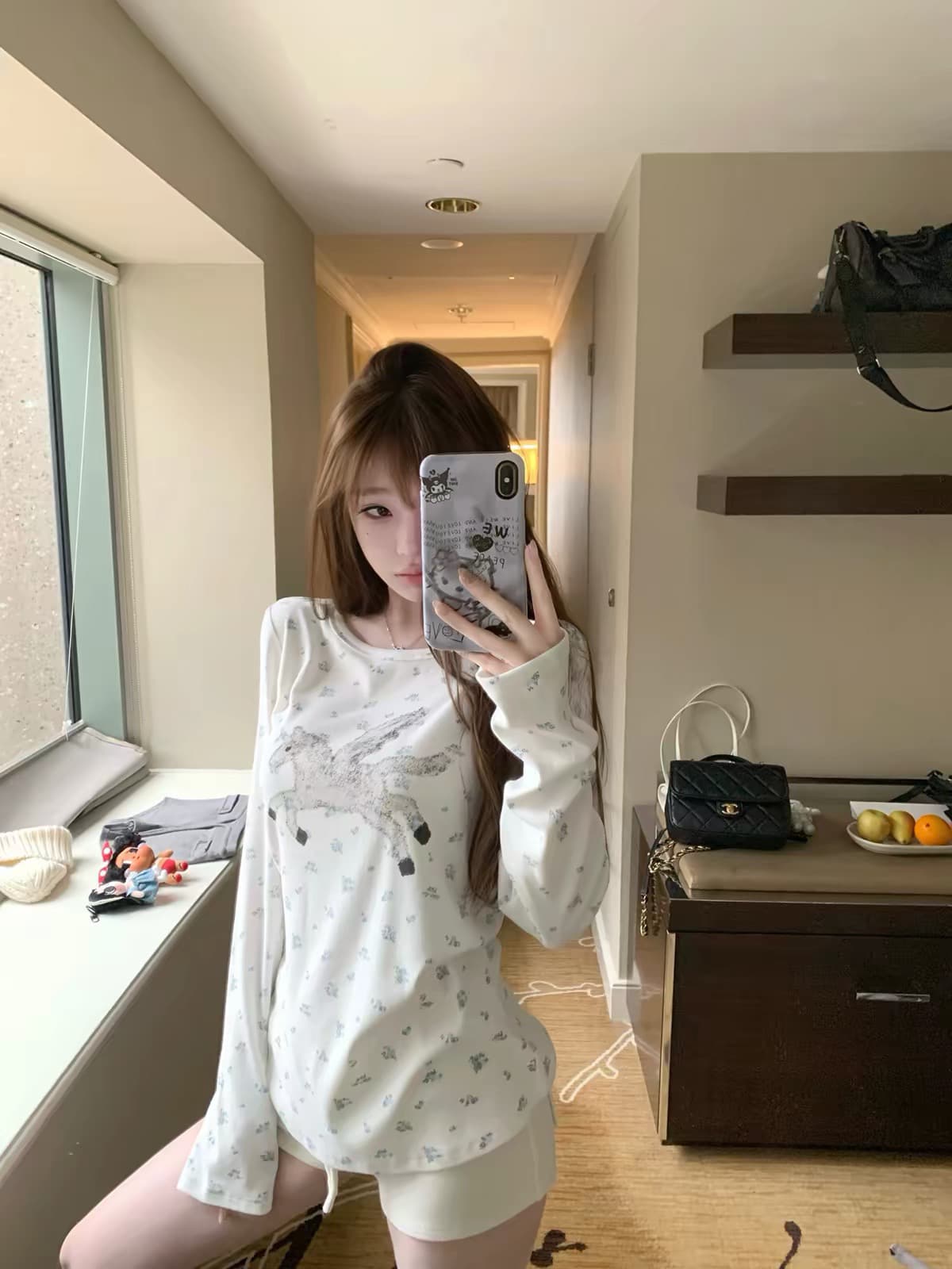 suuuicee 캡처 꿈 유니콘 전체 인쇄 작은 꽃무늬 구덩이 기사 질감 센스 캐주얼 라운드 넥 긴팔 티셔츠