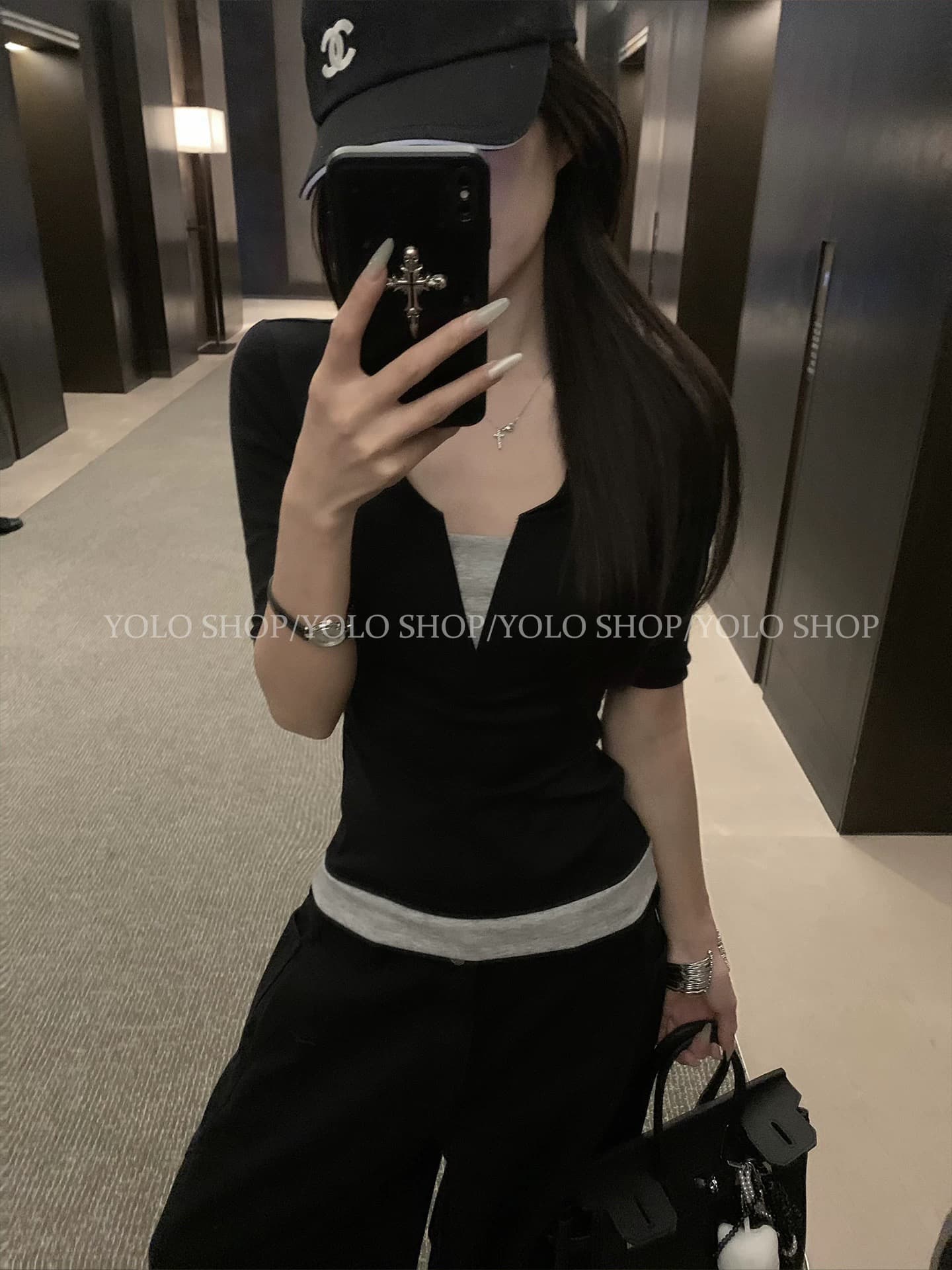 yolo shop 暮 빛 소녀 패치워크 배색 페이크 레이어드 V넥 맨위 가을 품격 허리 수축 중간 소매 티셔츠 이미지 3