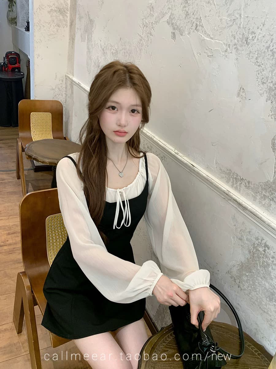 callmeear 화이트 티 블랙 숙련 된 슬림해 보이는 슬립 드레스 루즈핏 긴팔 맨위 이른 가을 투피스 세트 이미지 2