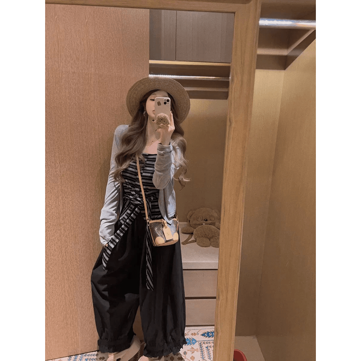 yukiss 스키니 투피스 세트 스트라이프 허리 수축 슬립 표지 고기 자외선 차단 오픈 가디건 이미지 5