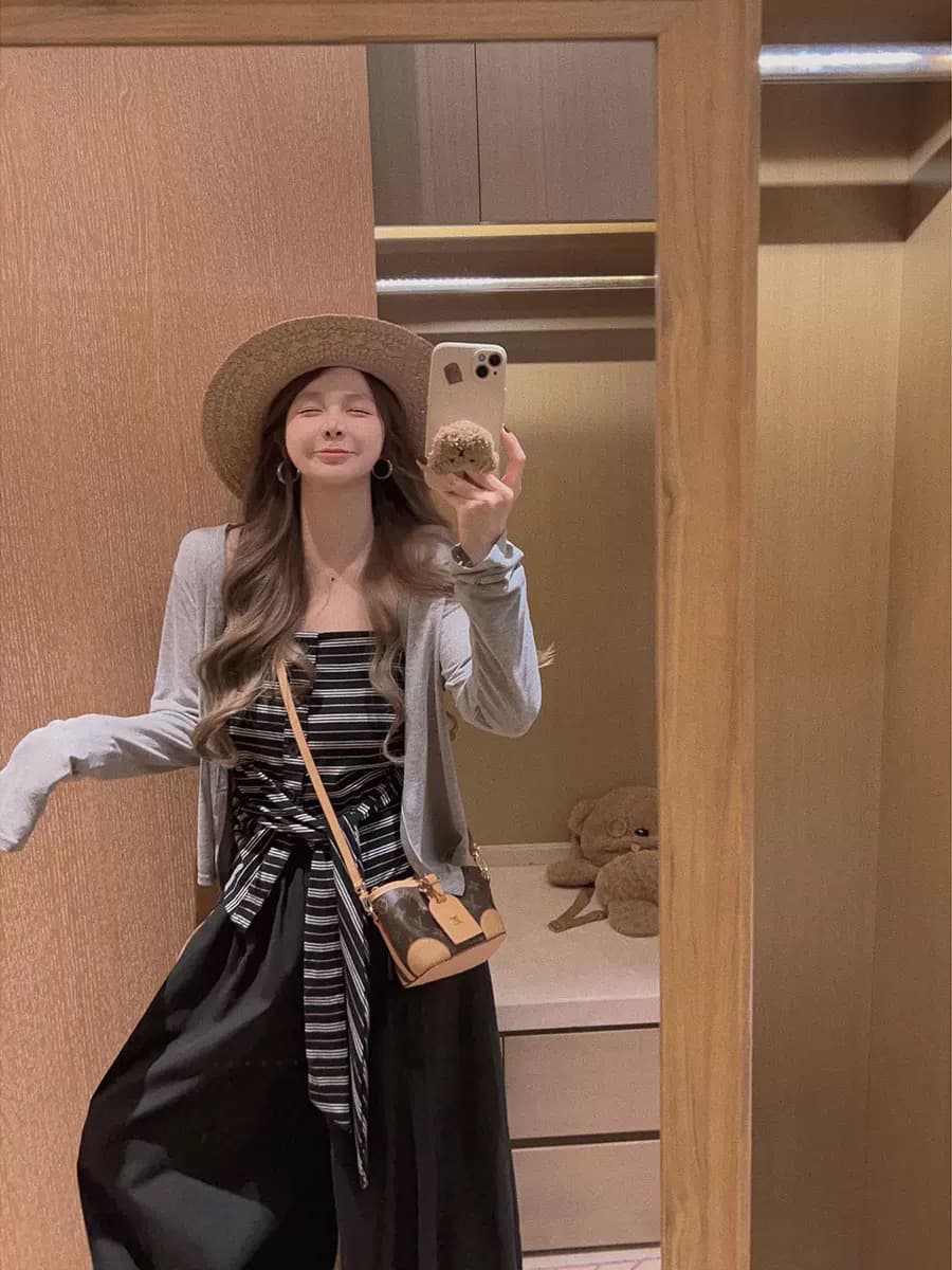 yukiss 스키니 투피스 세트 스트라이프 허리 수축 슬립 표지 고기 자외선 차단 오픈 가디건 상세 이미지 1