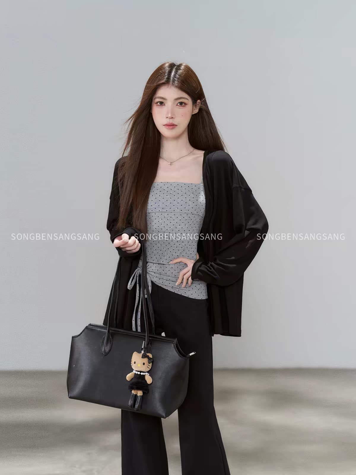 마츠모토 애도 애도 검정색 오픈 가디건 도트 무늬 슬립 높은 허리 바지 세 조각 여성 세트 가을 몸매 가꾸기 출퇴근 캐주얼 세트 이미지 3