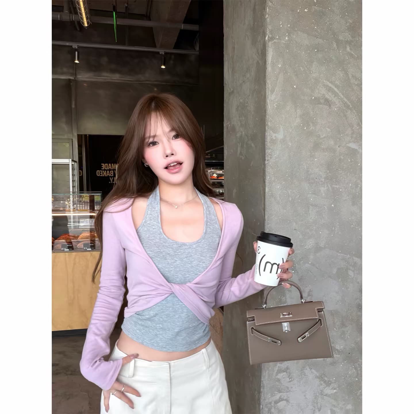 yookson 느슨함 산소 센스 라이 경기 서울 면 혼방 페이크 레이어드 맨위 여성 행침 목 비틀림 긴팔 티셔츠 블라우스 이미지 5