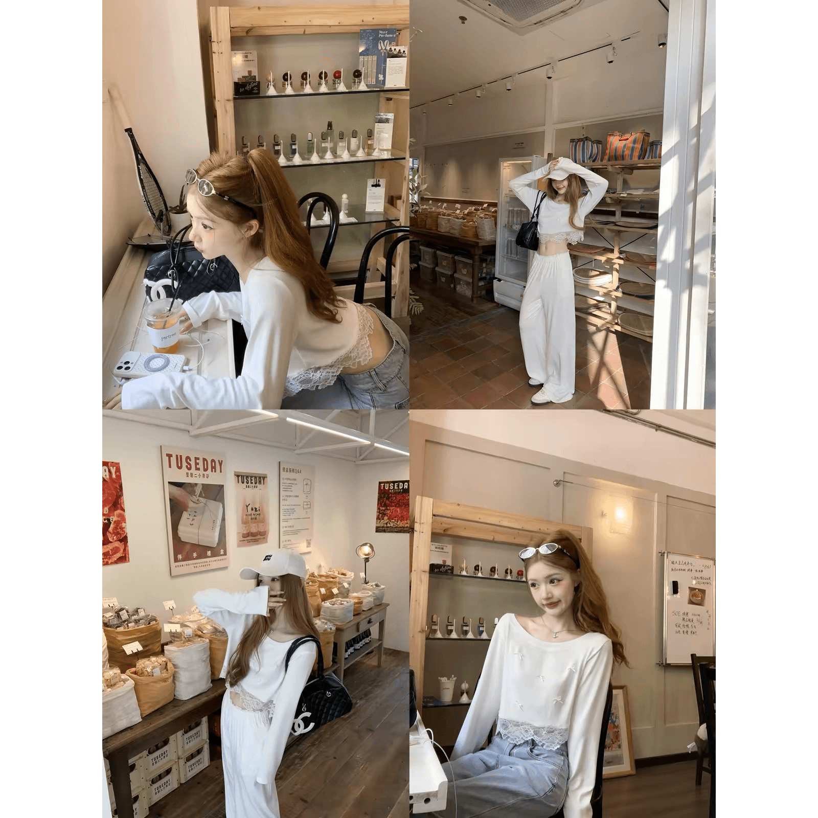 q 여자 집 크림 레이스 t 느슨함 센스 비스듬한 어깨 대 칼라 느긋한 레이스 긴팔 티셔츠 이미지 5