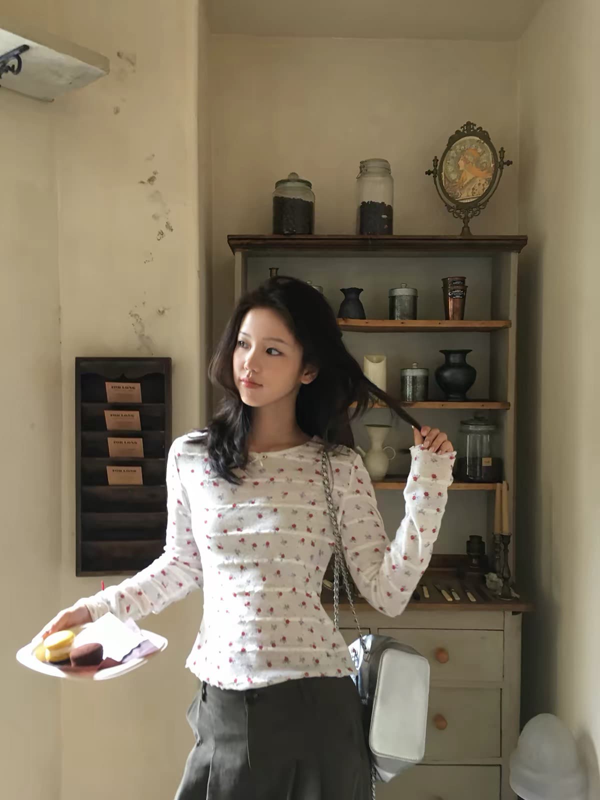 tuuuh 그림 그림책 깨진 라스베리 부드러운 셔츠 살구 바닥 꽃무늬 라운드 넥 프릴 긴팔 맨위 여성 기본 셔츠