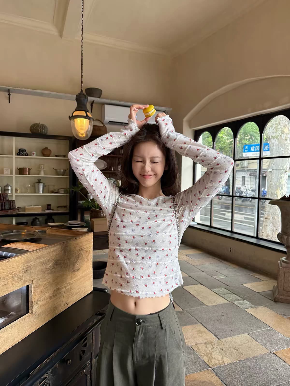 tuuuh 그림 그림책 깨진 라스베리 부드러운 셔츠 살구 바닥 꽃무늬 라운드 넥 프릴 긴팔 맨위 여성 기본 셔츠 이미지 2