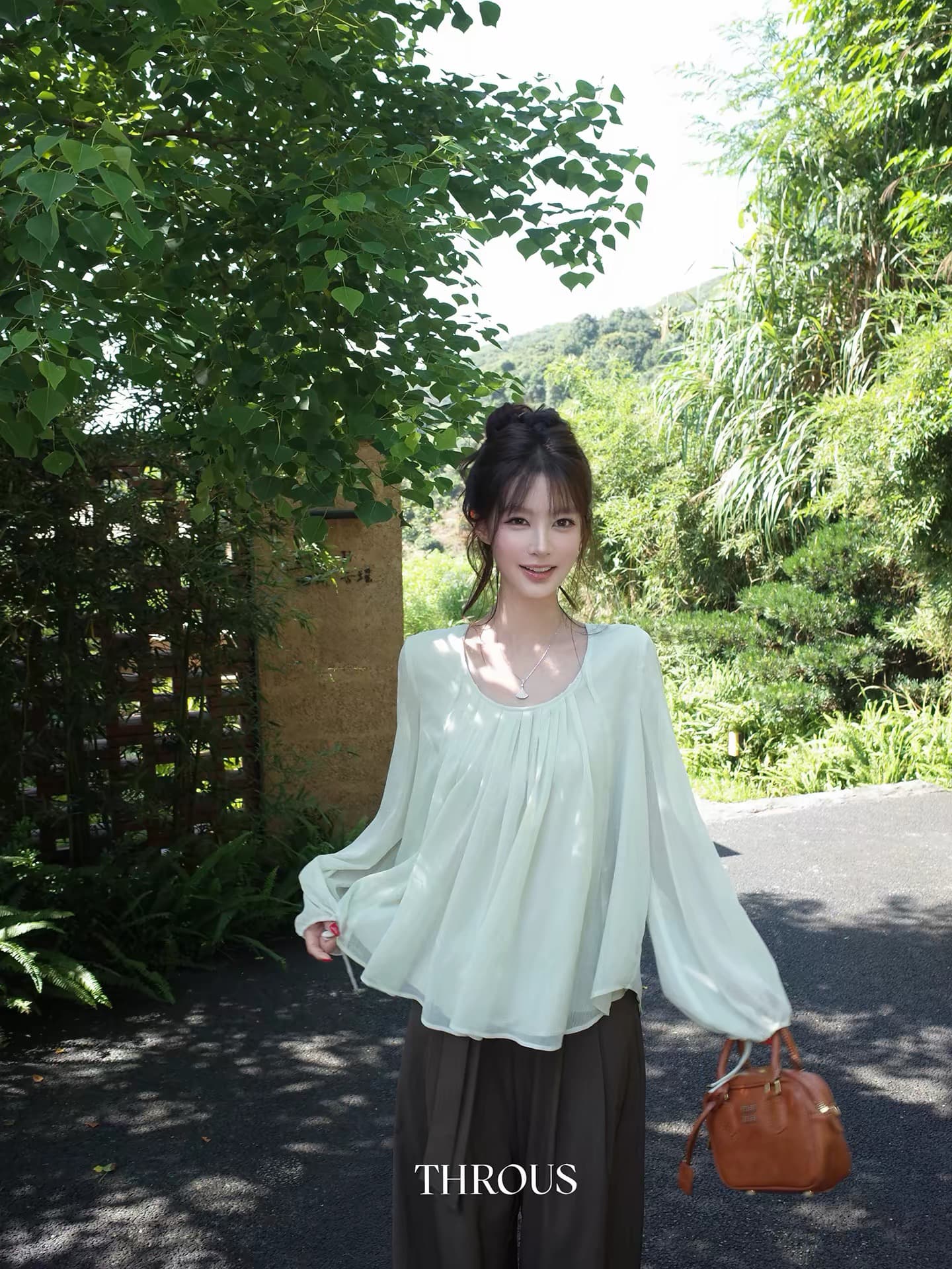감사합니다. 아니요 고기 펌프 Pleat 라운드 넥 랜턴 버블 긴팔 시폰 셔츠 여성 가을 부드러운 바람 얇고 가벼운 루즈핏 맨위 상세 이미지 1
