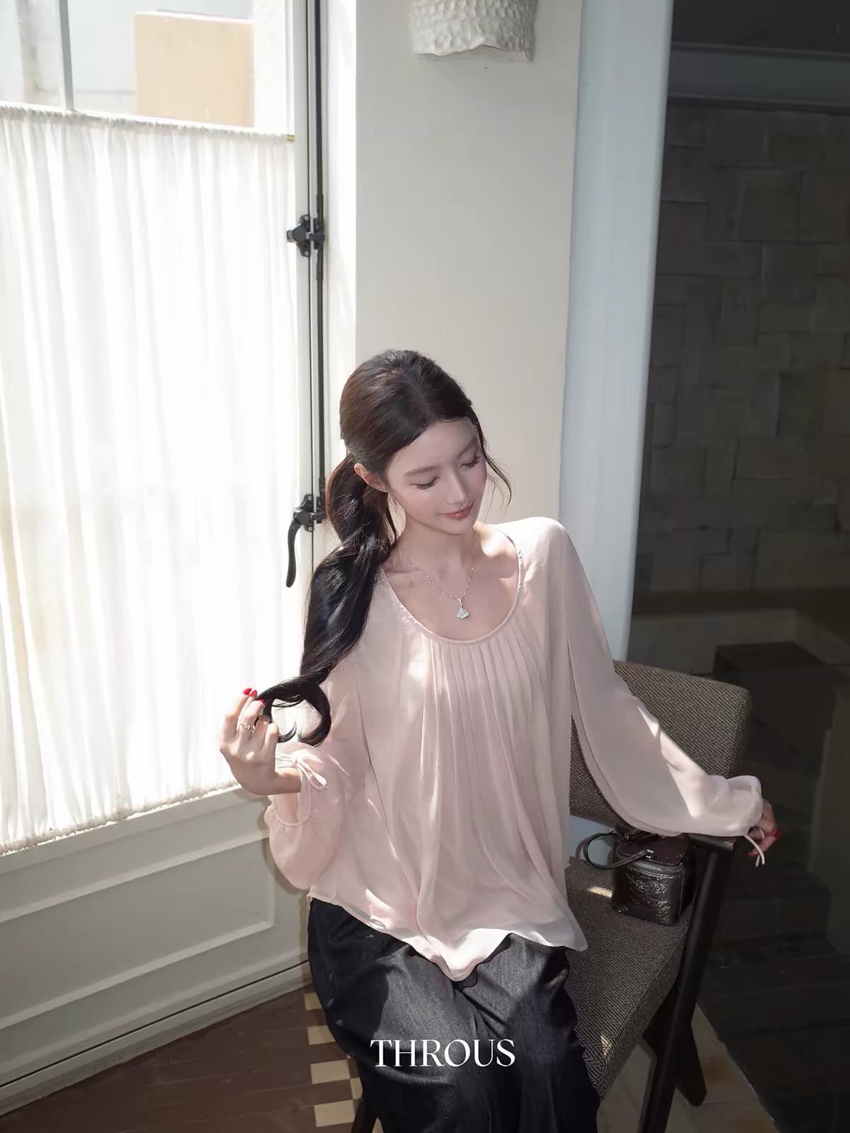 감사합니다. 아니요 고기 펌프 Pleat 라운드 넥 랜턴 버블 긴팔 시폰 셔츠 여성 가을 부드러운 바람 얇고 가벼운 루즈핏 맨위 상세 이미지 5