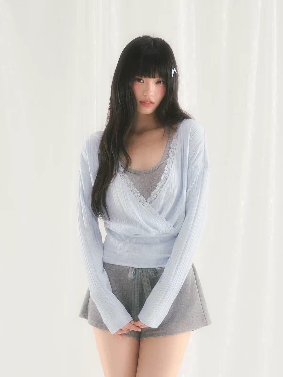 weekendhub 봄 V넥 허리 수축 블라우스 슬립 투피스 세트 맨위 여성 레이스 조각 품격 긴팔 티셔츠 상세 이미지 4