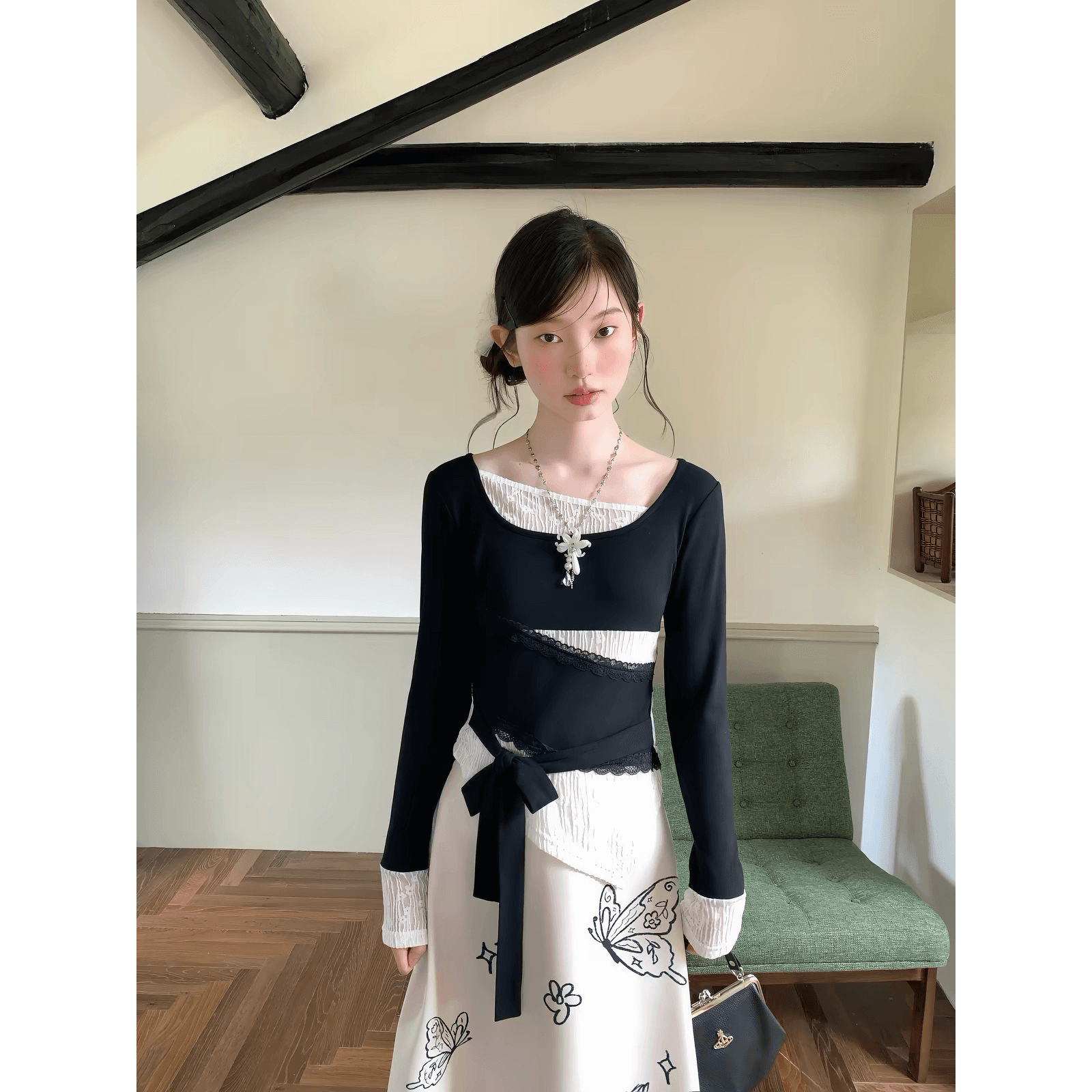다우 시시 주간 흑인과 백인 스택 시리아 감기 페이크 레이어드 패치워크 질감 레이스 맨위 가을 조정 허리 둘레 작은 셔츠 이미지 5