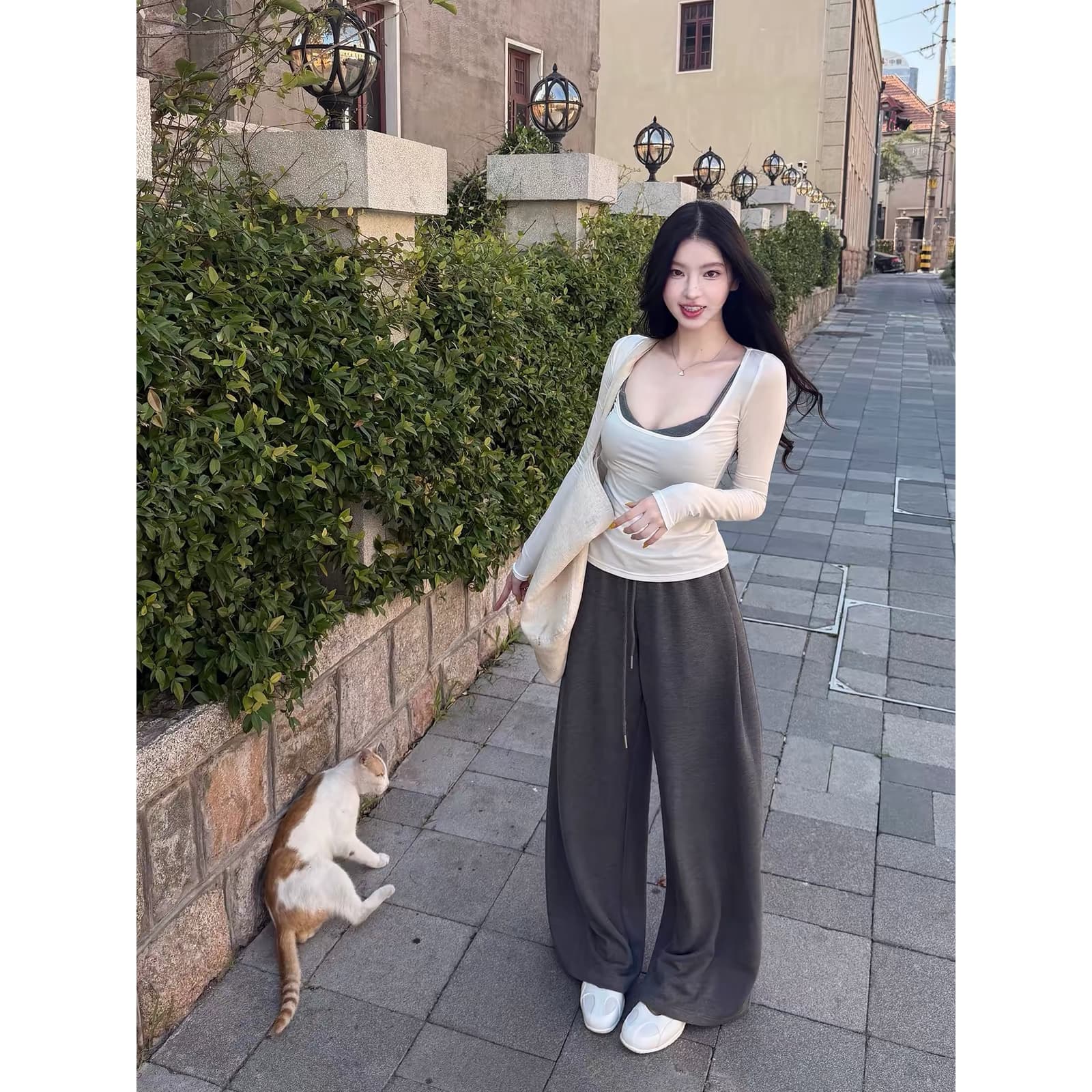 farte shop 찹쌀 작은 셔츠 배색 슬립 긴팔 티셔츠 두 조각 여성 세트 봄 가을 허리 수축 맨위 이미지 5