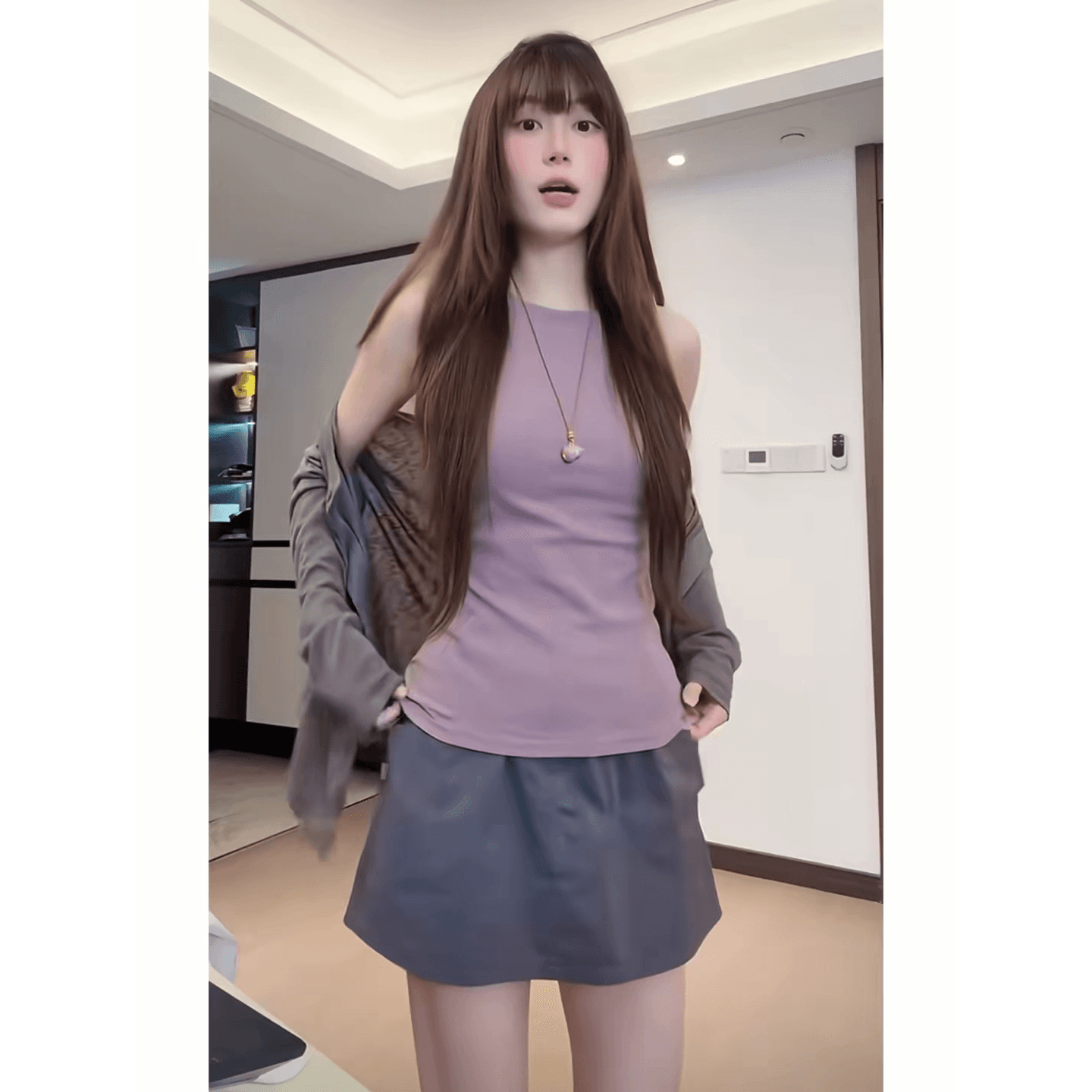 레트로 스타일 품격 핫걸 민소매 조끼 맨위 외부 가져 가라. 얇고 가벼운 국방 오픈 가디건 노출 방지 한 마디 미니 스커트 3종 세트 이미지 5