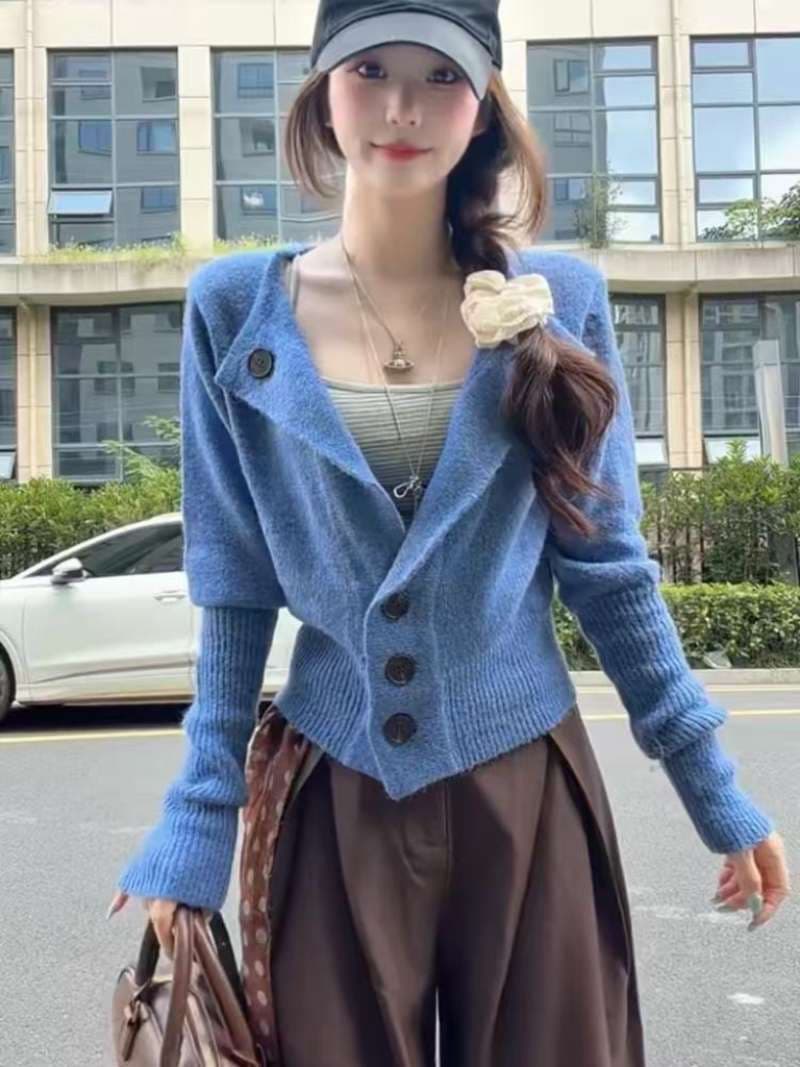 한 부서 느긋한 바람 니트 오픈 가디건 슬립 맨위 넓은 다리 캐주얼 바지 세트 여성 이미지 2