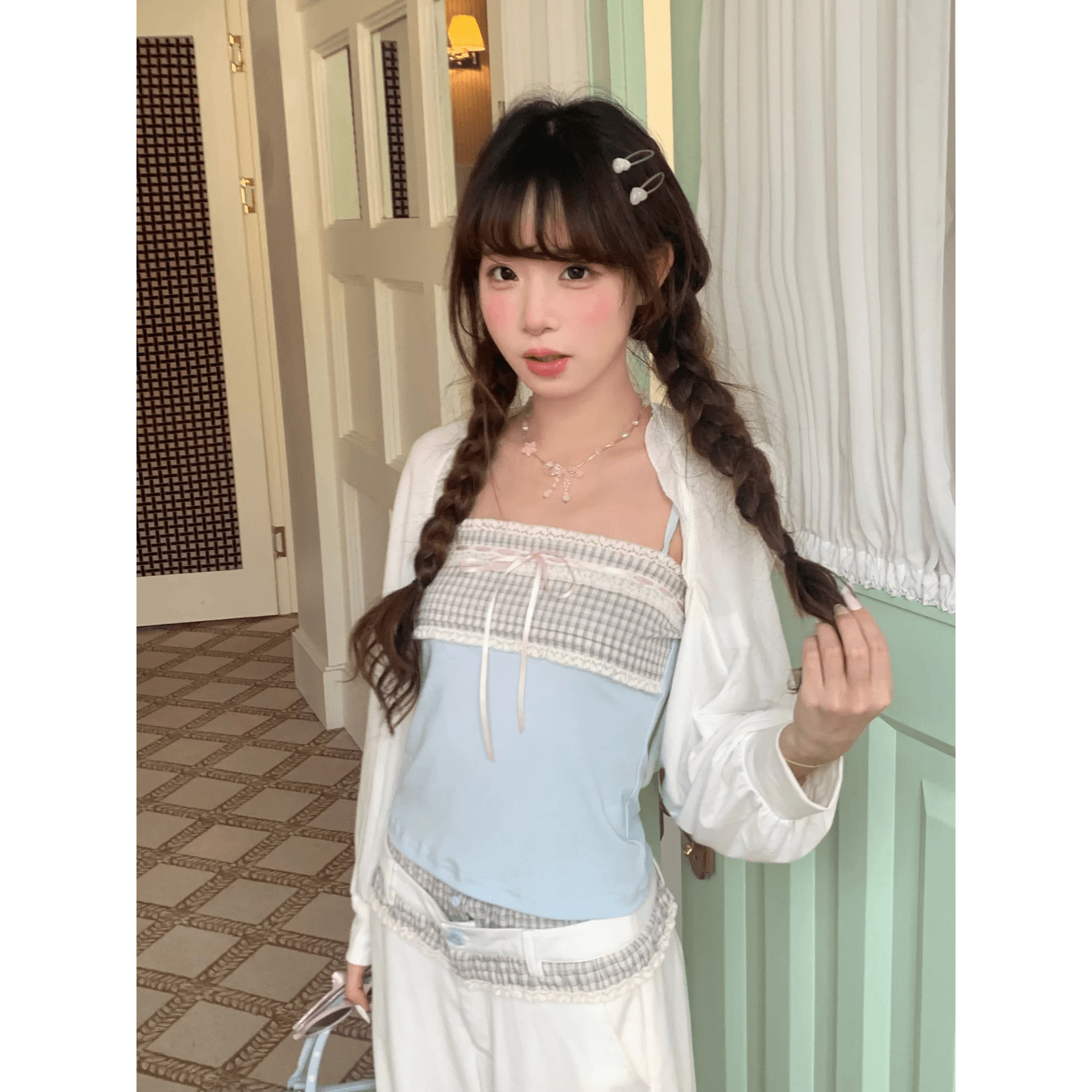 얕은 복숭아 박하 체크무늬 패치워크 레이스 슬립 프릴 어깨 체크무늬 패치워크 페이크 레이어드 와이드 레그 팬츠 세트 이미지 5