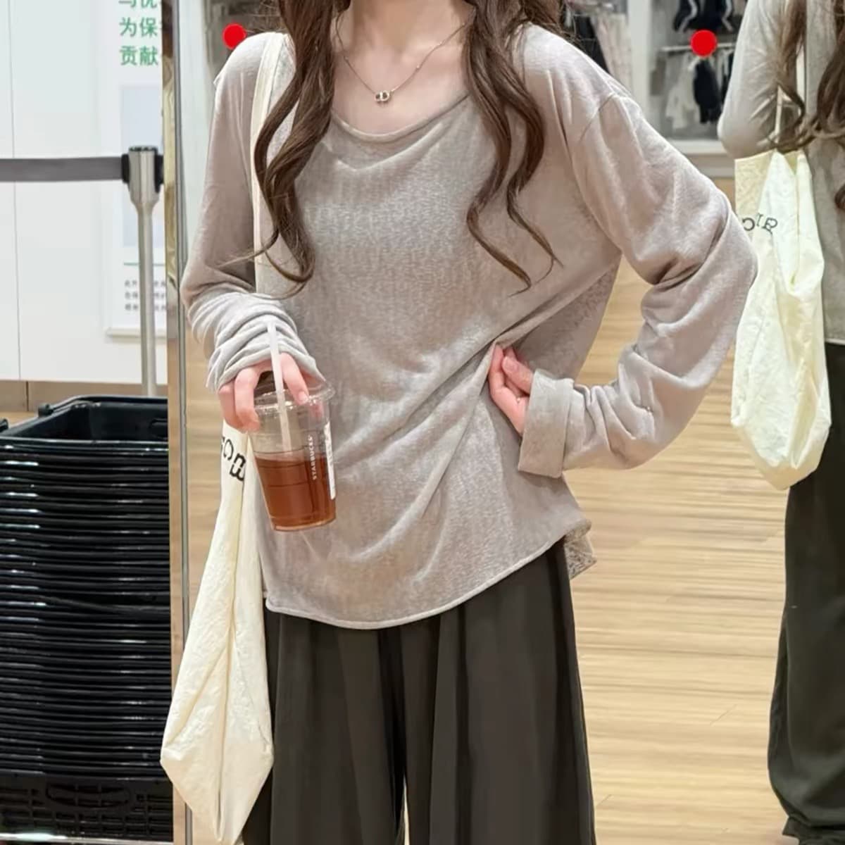 핑크색 얇은 스타일 자외선 차단 블라우스 여성 여름 외출용 마이크로 ~을 통해 루즈핏 인사이드 가져 가라. 기본 셔츠 티셔츠 주간 실크 긴팔 맨위 이미지 5