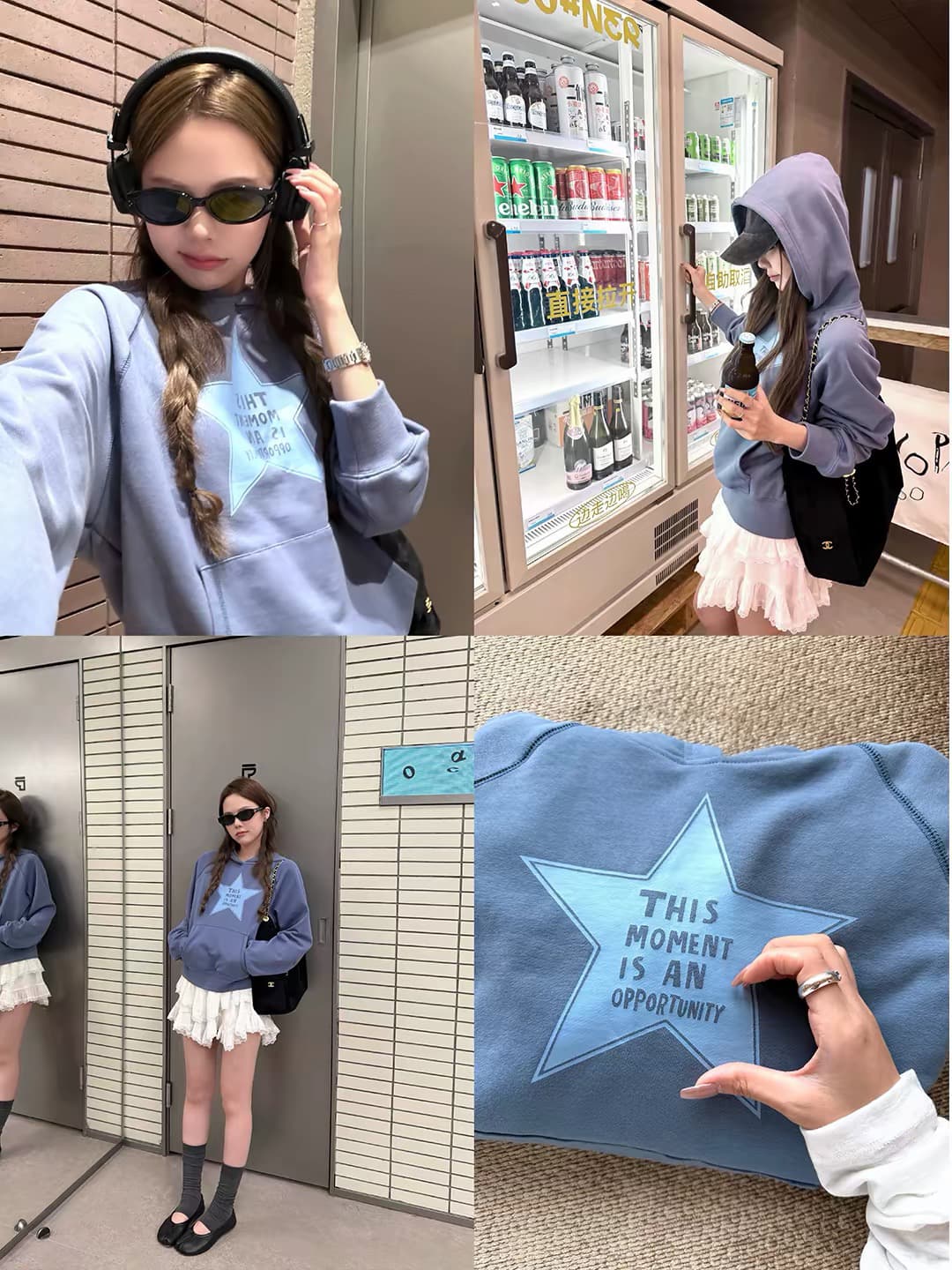 yookson vintage star 높음 그램 다시 하다 오래된 오각형 별 루즈핏 풀오버 후드 티 스웨터 여성 이미지 2