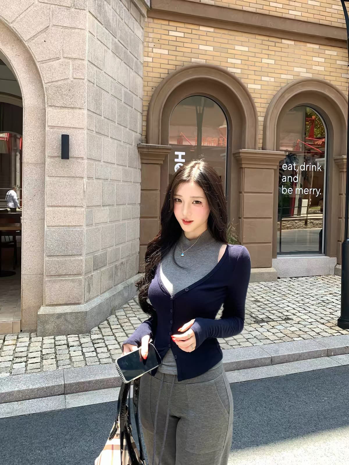 farte shop 서울 유럽 니켈 회색 조끼 V넥 파란색 오픈 가디건 두 조각 여성 세트 봄 가을 맨위 이미지 3