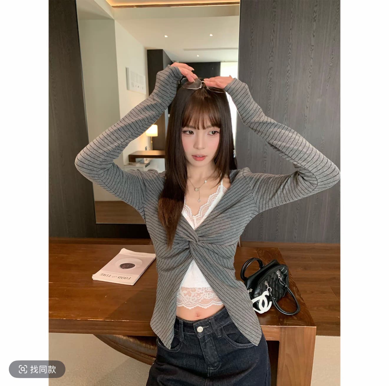 송 긍정적 인 En 8 24 블랙 회색 스트라이프 페이크 레이어드 행침 목 기본 셔츠 여성 가을 레이스 디자인 긴팔 티셔츠 ze3183 상세 이미지 5