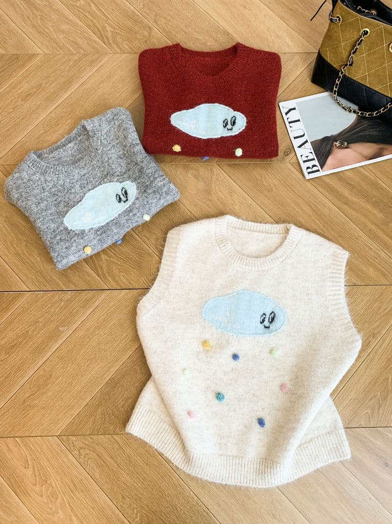 라운드 넥 만화 자수 니트 조끼 여자 루즈핏 외부 잡아라. 의류 민소매 스택 착용 스웨터 조끼 맨위 상세 이미지 2