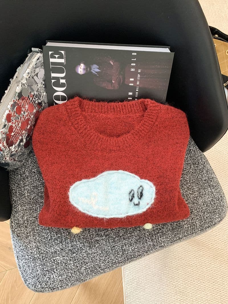 라운드 넥 만화 자수 니트 조끼 여자 루즈핏 외부 잡아라. 의류 민소매 스택 착용 스웨터 조끼 맨위 상세 이미지 8