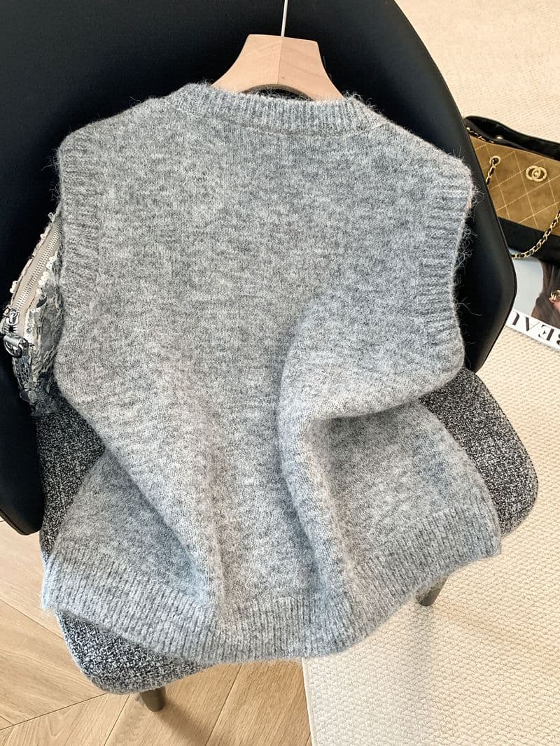 라운드 넥 만화 자수 니트 조끼 여자 루즈핏 외부 잡아라. 의류 민소매 스택 착용 스웨터 조끼 맨위 상세 이미지 10