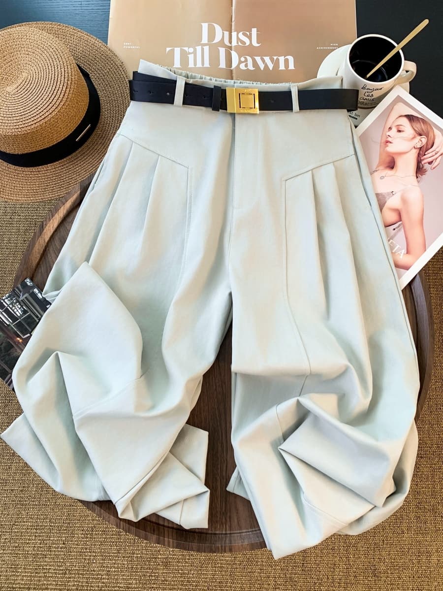 디자인 센스 이전 Pleat 정장 와이드 레깅스 바지 루즈핏 도루 센스 하이웨이스트 긴 바지 다용도 슬림해 보이는 스트레이트 캐주얼 바지 이미지 2