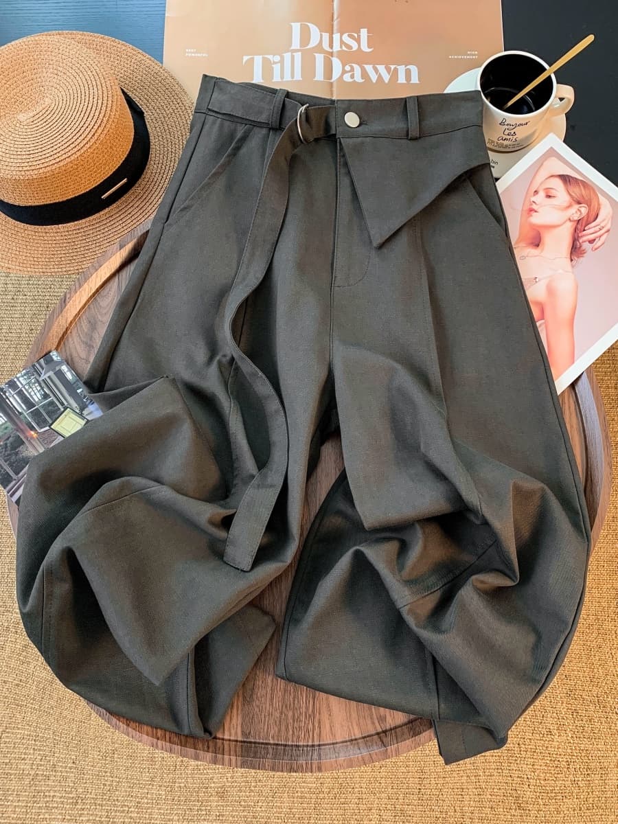 이전 Pleat 나만의 것을 가져와 라. 벨트 정장 와이드 레깅스 바지 루즈핏 도루 센스 하이웨이스트 긴 바지 다용도 슬림해 보이는 스트레이트 캐주얼 바지 이미지 2