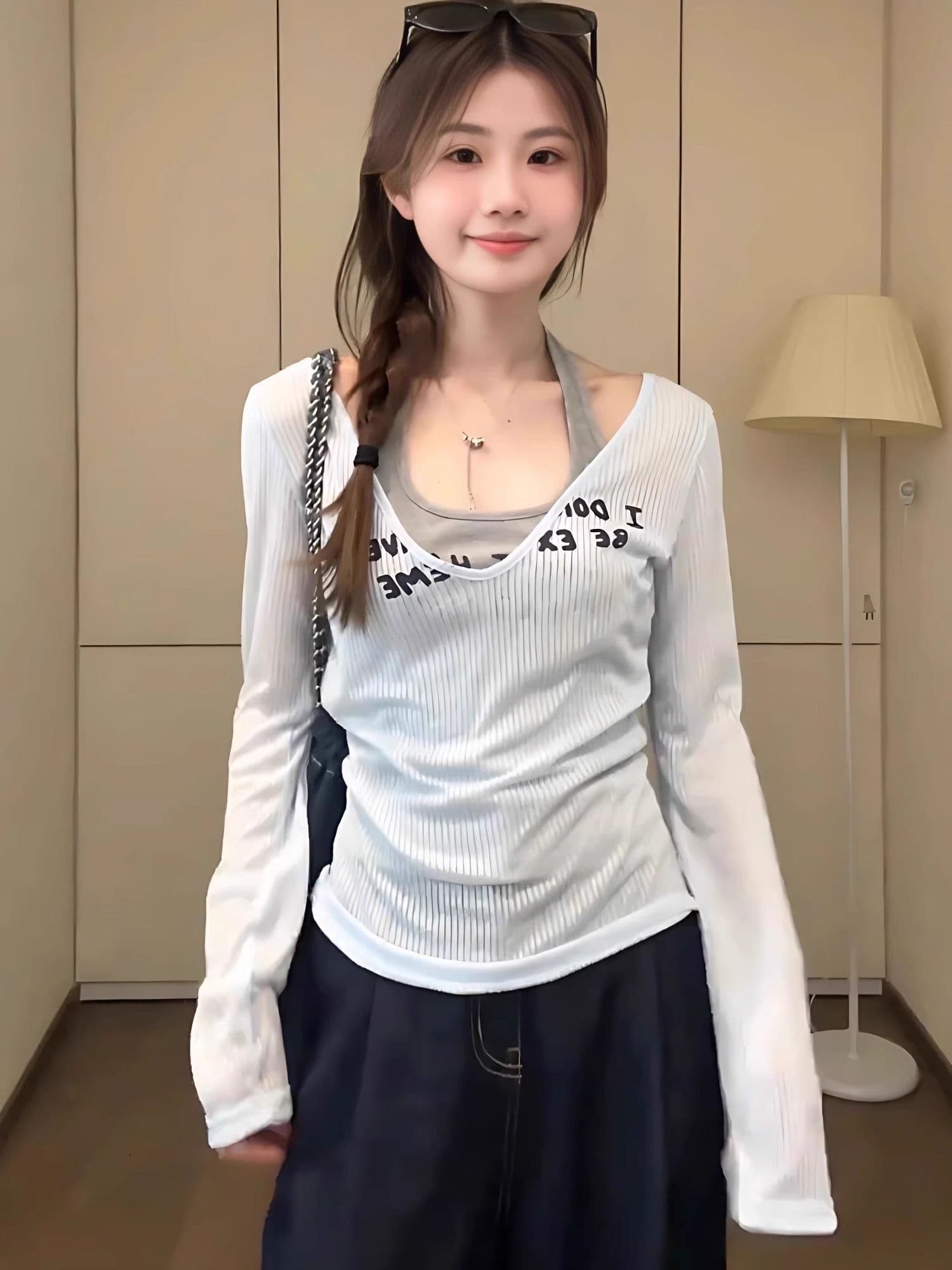 원본 원단 순수한 욕망 스택 착용 행침 목 조끼 긴팔 티셔츠 여성 여름 홀로우 아웃 자외선 차단 블라우스 슬립 투피스 세트 이미지 4