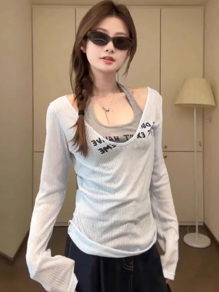 원본 원단 순수한 욕망 스택 착용 행침 목 조끼 긴팔 티셔츠 여성 여름 홀로우 아웃 자외선 차단 블라우스 슬립 투피스 세트 상세 이미지 4