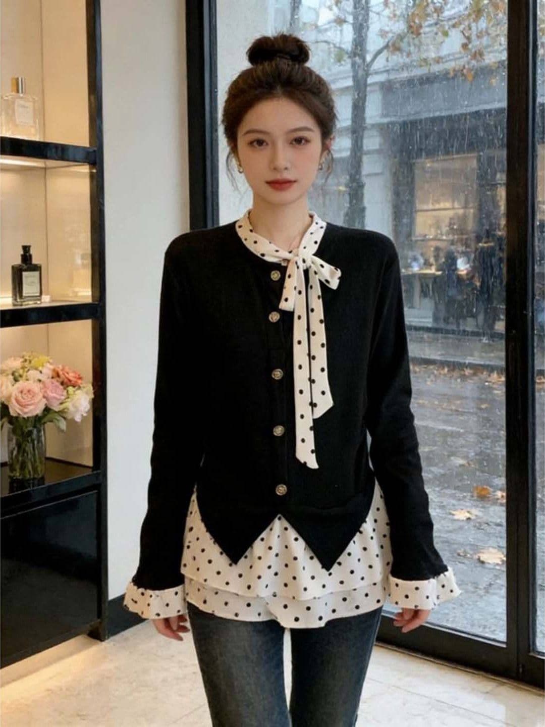 사람들 면 잡아라. 털 프릴 도트 무늬 니트 기본 셔츠 여성 봄 루즈핏 슬림해 보이는 디자인 센스 맨위 상세 이미지 3