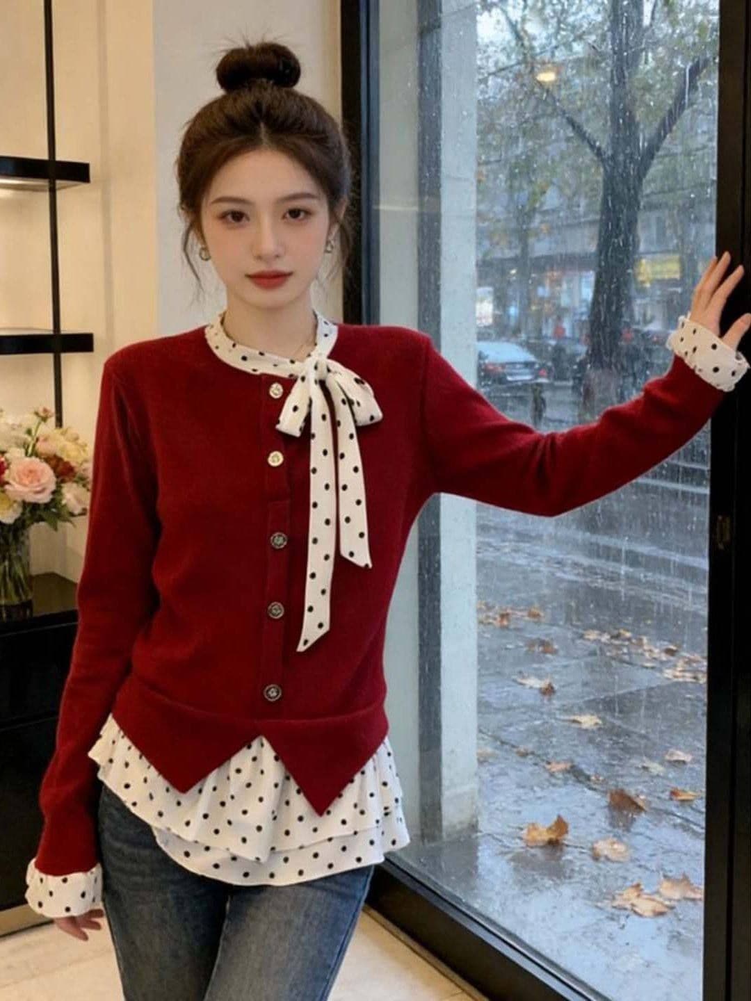 사람들 면 잡아라. 털 프릴 도트 무늬 니트 기본 셔츠 여성 봄 루즈핏 슬림해 보이는 디자인 센스 맨위 상세 이미지 4