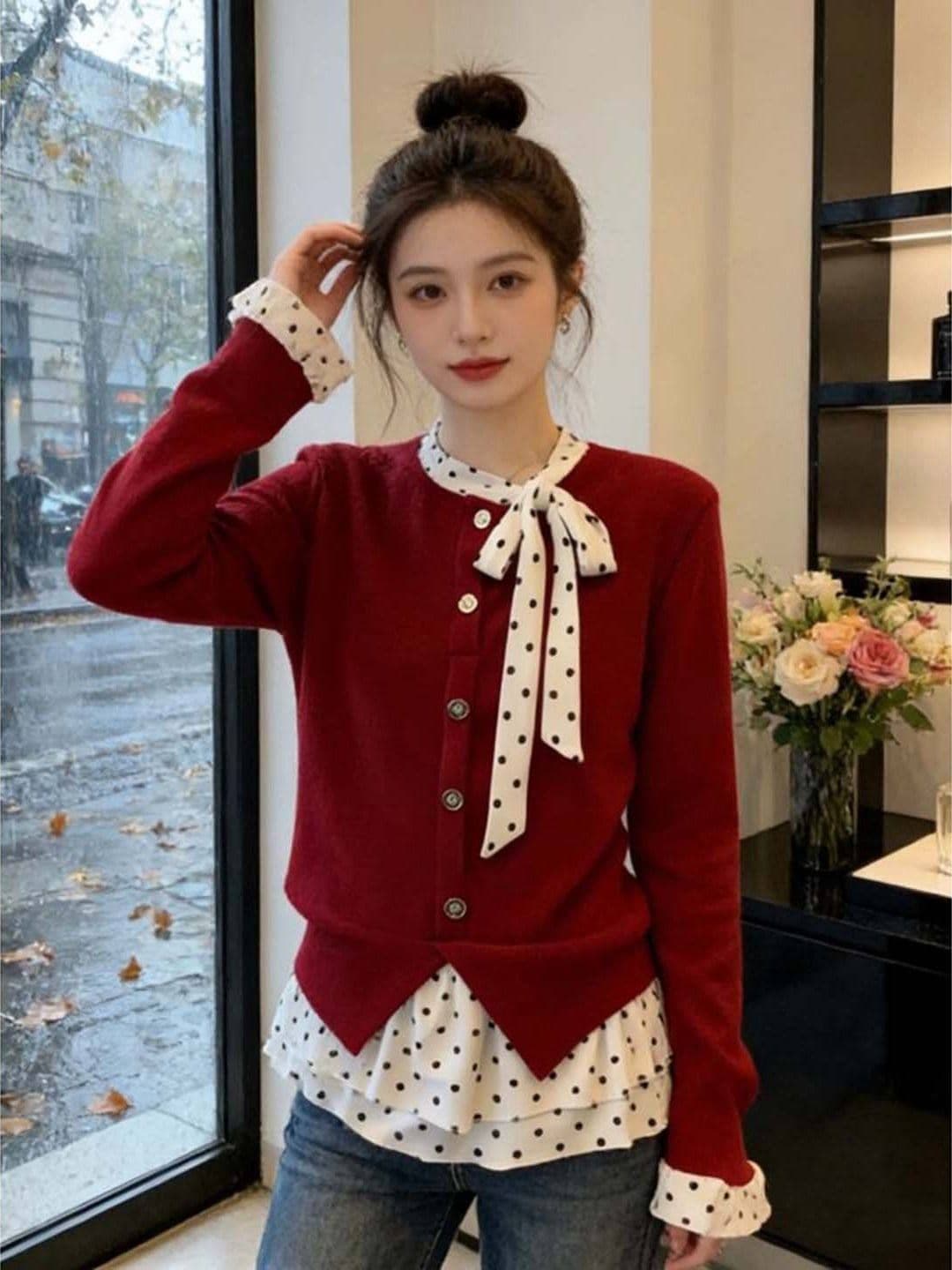 사람들 면 잡아라. 털 프릴 도트 무늬 니트 기본 셔츠 여성 봄 루즈핏 슬림해 보이는 디자인 센스 맨위 상세 이미지 6