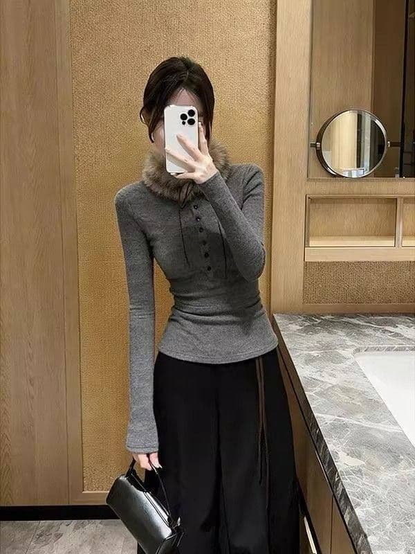 회색 몸매 가꾸기 긴팔 패션 보내기 털 모피 칼라 기본 셔츠 여성 의류 티셔츠 맨위 새로운 상세 이미지 2