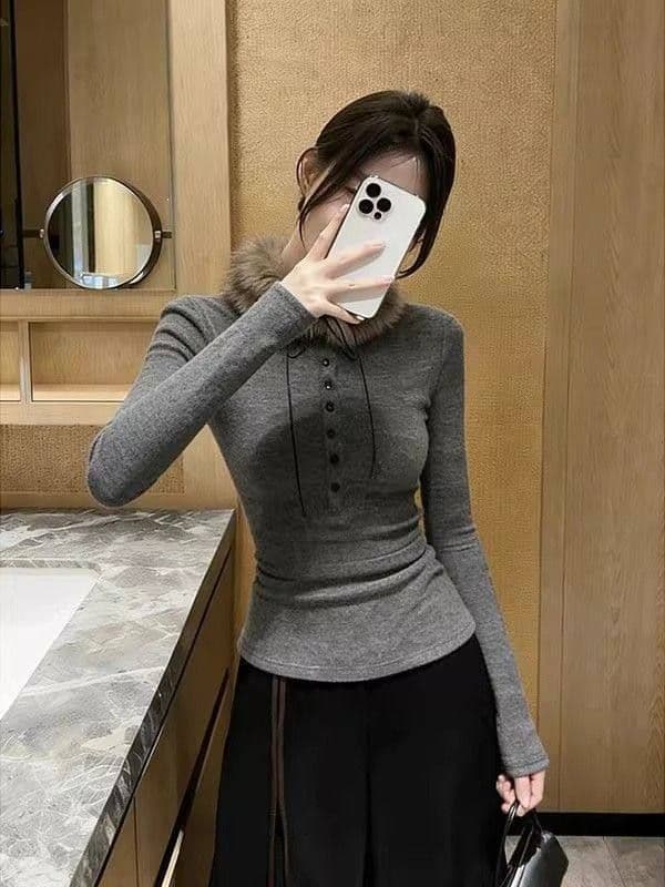 회색 몸매 가꾸기 긴팔 패션 보내기 털 모피 칼라 기본 셔츠 여성 의류 티셔츠 맨위 새로운 상세 이미지 3
