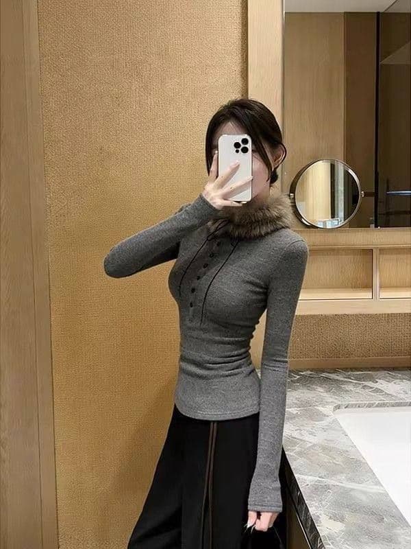 회색 몸매 가꾸기 긴팔 패션 보내기 털 모피 칼라 기본 셔츠 여성 의류 티셔츠 맨위 새로운 상세 이미지 5