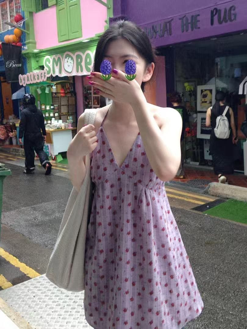 보라색 꽃무늬 민소매 조끼 여성 드레스 여름 Chic 허리 수축 차 휴식 치마
