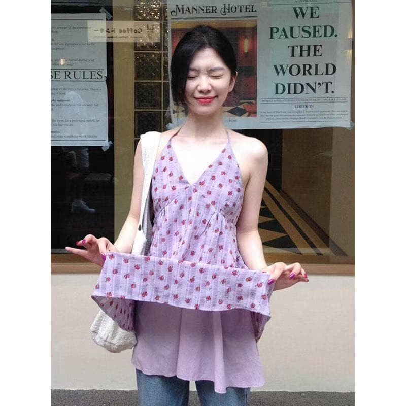 보라색 꽃무늬 민소매 조끼 여성 드레스 여름 Chic 허리 수축 차 휴식 치마 이미지 3