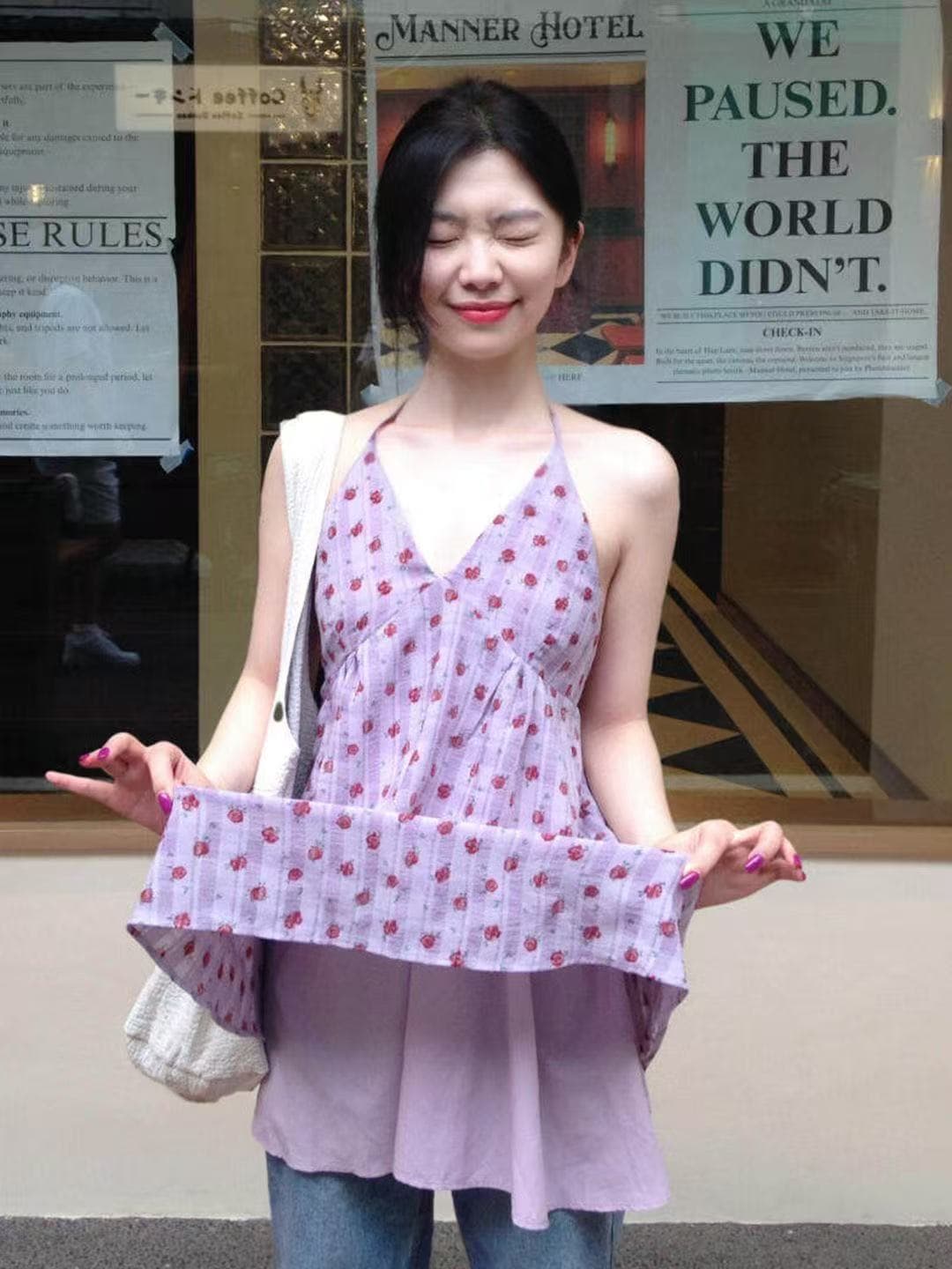 보라색 꽃무늬 민소매 조끼 여성 드레스 여름 Chic 허리 수축 차 휴식 치마 이미지 4