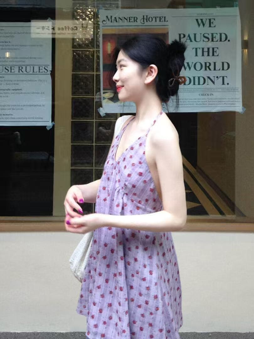 보라색 꽃무늬 민소매 조끼 여성 드레스 여름 Chic 허리 수축 차 휴식 치마 이미지 2
