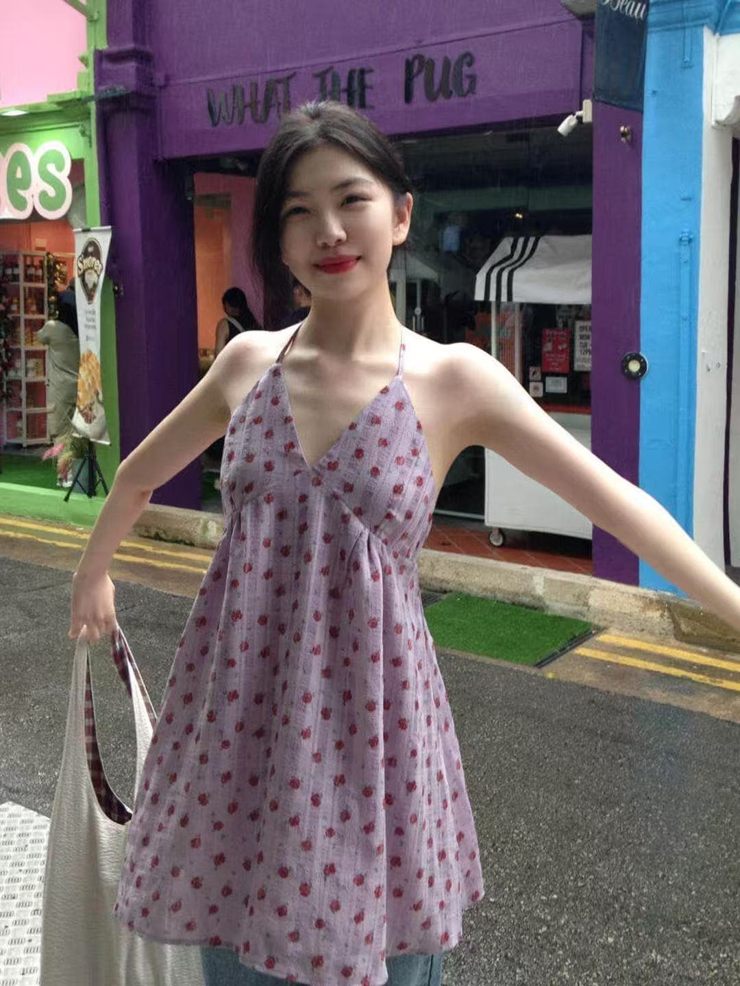 보라색 꽃무늬 민소매 조끼 여성 드레스 여름 Chic 허리 수축 차 휴식 치마 상세 이미지 5