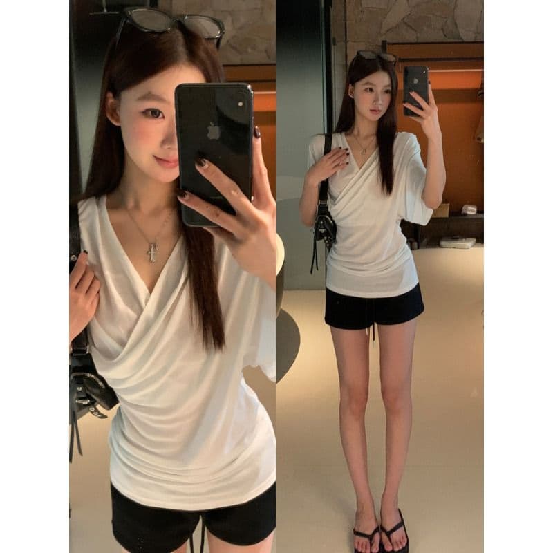 반팔 티셔츠 여성 여름 착용 가져 가라. 화이트 V넥 한 부서 몸매 가꾸기 품격 디자인 센스 맨위 이미지 2