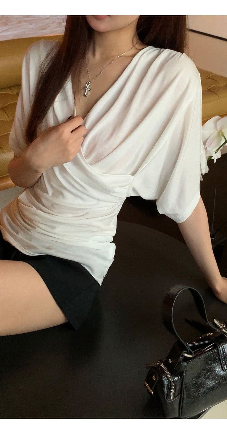 반팔 티셔츠 여성 여름 착용 가져 가라. 화이트 V넥 한 부서 몸매 가꾸기 품격 디자인 센스 맨위 상세 이미지 6