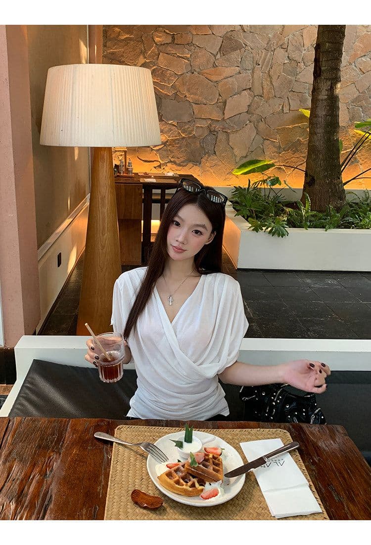 반팔 티셔츠 여성 여름 착용 가져 가라. 화이트 V넥 한 부서 몸매 가꾸기 품격 디자인 센스 맨위 상세 이미지 12