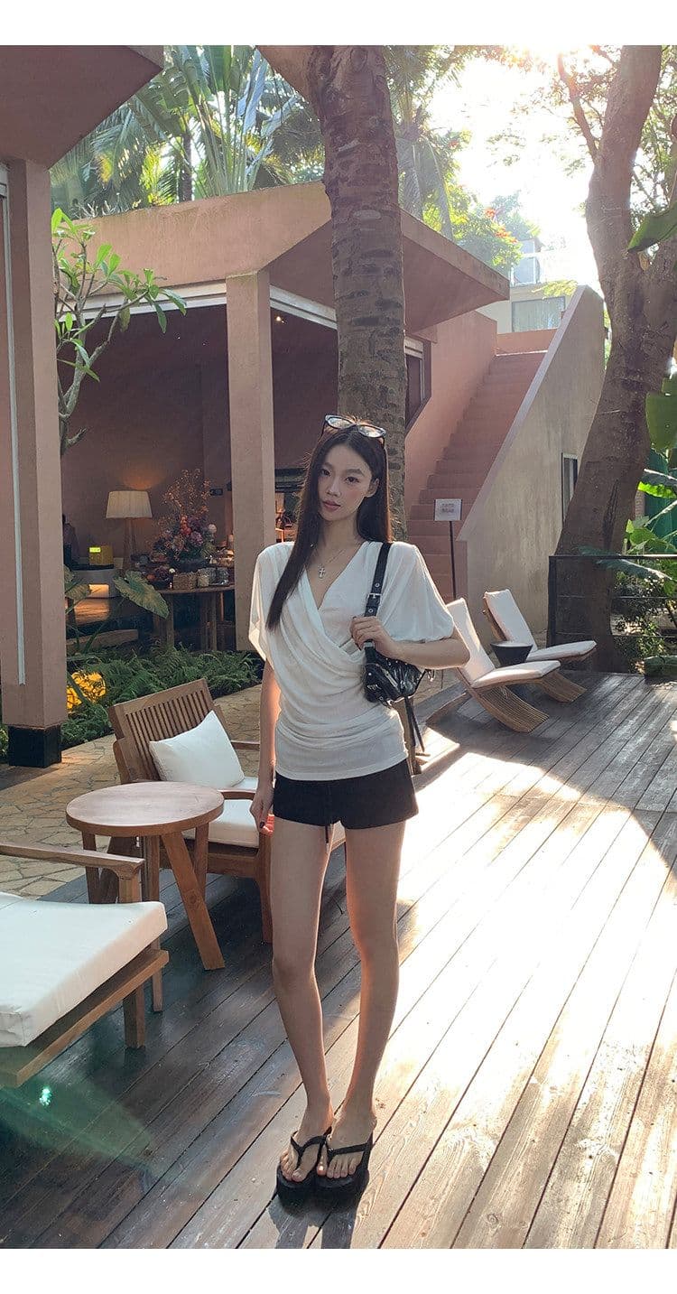 반팔 티셔츠 여성 여름 착용 가져 가라. 화이트 V넥 한 부서 몸매 가꾸기 품격 디자인 센스 맨위 상세 이미지 13
