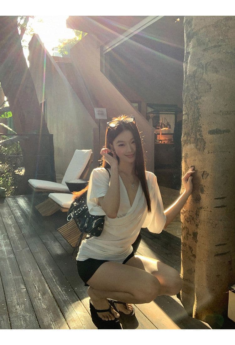 반팔 티셔츠 여성 여름 착용 가져 가라. 화이트 V넥 한 부서 몸매 가꾸기 품격 디자인 센스 맨위 상세 이미지 15