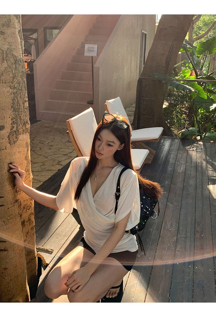 반팔 티셔츠 여성 여름 착용 가져 가라. 화이트 V넥 한 부서 몸매 가꾸기 품격 디자인 센스 맨위 상세 이미지 16