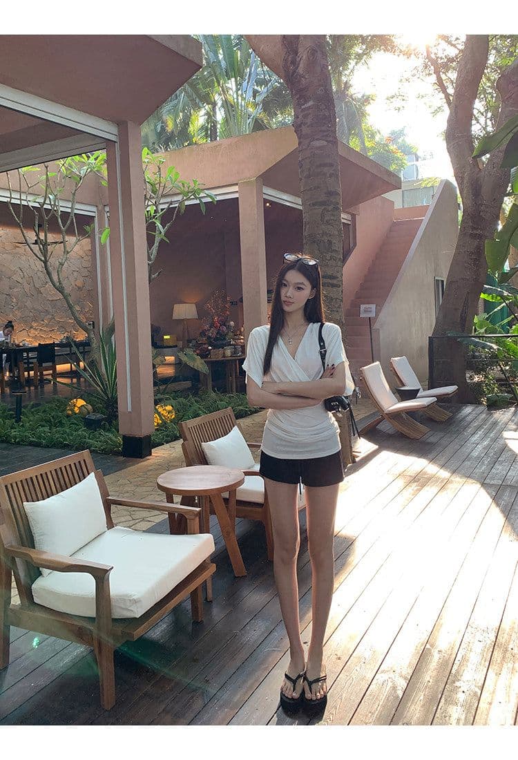반팔 티셔츠 여성 여름 착용 가져 가라. 화이트 V넥 한 부서 몸매 가꾸기 품격 디자인 센스 맨위 상세 이미지 17
